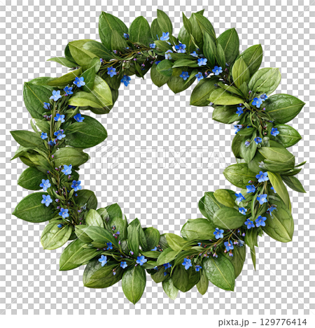 AI-generated item. A green wreath with delicate blue flowers and lush leaves. 129776414