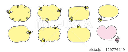 飛び回る蜂のカットイラスト集。かわいい蜂のキャラクター。シンプルな点線と蜂のイラストレーション。 飛び回る蜂のカットイラスト集。かわいい蜂のキャラクター。シンプルな点線と蜂のイラストレーション。 129776449
