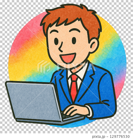 男性ビジネスマン（背景カラフル・笑顔） 129776530
