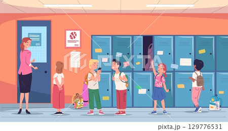 Students school corridor. Teacher with children on school break in hall room interior, kids at lockers hallway schooler child meeting classroom door cartoon vector illustration 129776531