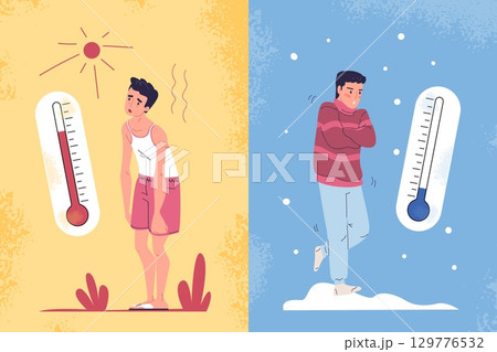 Heat cold thermometer. Man hot summer vs frozen winter extreme low high temperature, autumn season warm clothes warmth frost outdoor weather climat concept vector illustration Heat cold thermometer. Man hot summer vs frozen winter extreme low high temperature, autumn season warm clothes warmth frost outdoor weather climat concept vector illustration 129776532