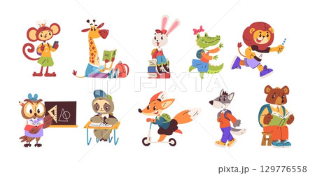 Animals students. Cartoon smart animal back to school student education, cute teacher funny baby rabbit in glasses bear read book study zoo characters, classy vector illustration 129776558