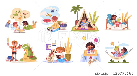 Children read books. Kids readers open book, preschool school student learn read textbook fiction storybook smart boy girl child literature home library, classy vector illustration 129776560