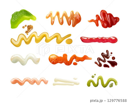 Realistic sauces strips. Different sauce splash drop strip, ketchup mustard mayonnaise bbq cheese cream stain spicy tomato liquid mayo top view isolated exact vector illustration Realistic sauces strips. Different sauce splash drop strip, ketchup mustard mayonnaise bbq cheese cream stain spicy tomato liquid mayo top view isolated exact vector illustration 129776588