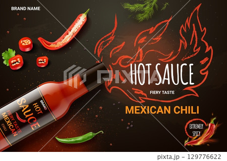 Hot sauce ad. Fire red spicy chili pepper in bottle package realistic advertising commercial background, tomato product with peppers flame flavor spice exact vector illustration Hot sauce ad. Fire red spicy chili pepper in bottle package realistic advertising commercial background, tomato product with peppers flame flavor spice exact vector illustration 129776622