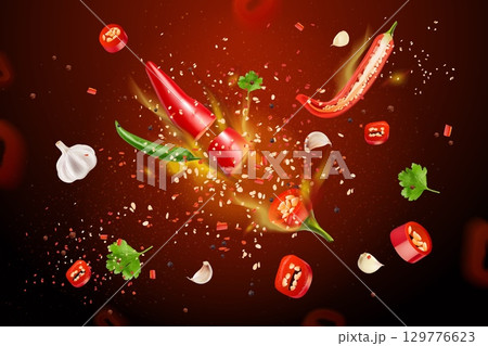 Realistic hot chili pepper. Red spicy peppers fly ad banner background, mexican chilli spice seasoning fire powder blast cayenne seeds paprika vegetable, exact vector illustration Realistic hot chili pepper. Red spicy peppers fly ad banner background, mexican chilli spice seasoning fire powder blast cayenne seeds paprika vegetable, exact vector illustration 129776623
