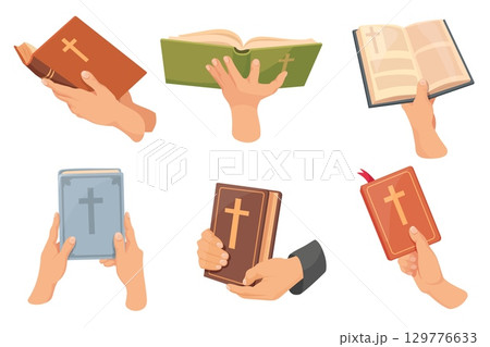 Hands holding bible. People prayer hand hold holy book, church study religious textbook college christian religion teacher give books jesus christ, cartoon neat vector illustration Hands holding bible. People prayer hand hold holy book, church study religious textbook college christian religion teacher give books jesus christ, cartoon neat vector illustration 129776633