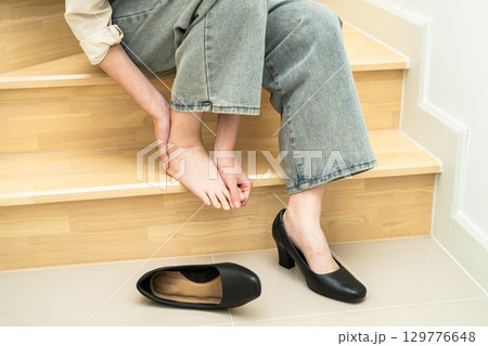 Asian lady woman patient fall down the stairs because slippery surfaces Asian lady woman patient fall down the stairs because slippery surfaces 129776648