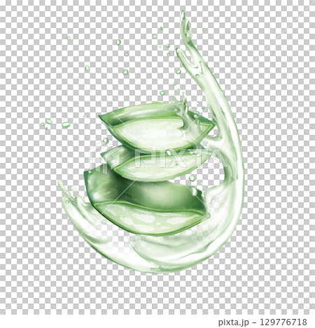 Illustration of aloe vera slices with water splash, symbolizing freshness and hydration, perfect for beauty and wellness designs. 129776718