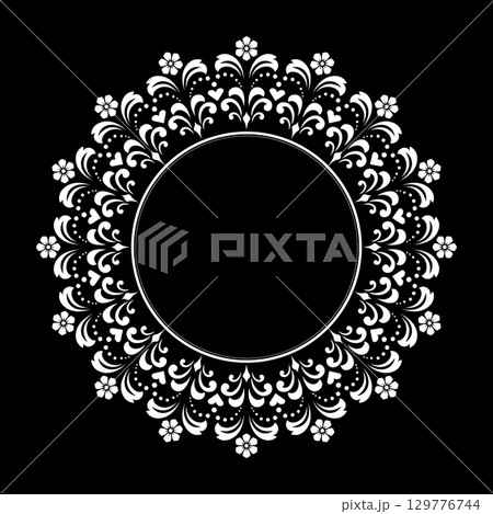 Decorative frame Elegant vector element for design in Eastern style, place for text. Floral black and white border. Lace illustration for invitations and greeting cards. 129776744