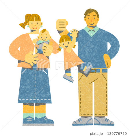 笑顔の若い四人家族　カラフルでお洒落なフラットイラスト 129776750