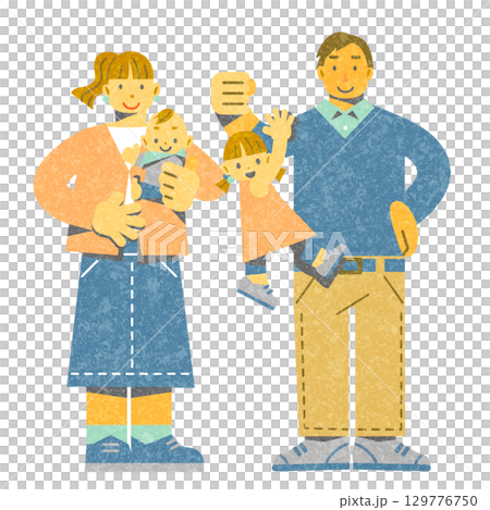 Smiling young family of four - Colorful and stylish flat illustration 129776750