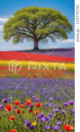 Colorful flower field with lavender, poppies, and a big tree at sunset. Colorful flower field with lavender, poppies, and a big tree at sunset. 129776792
