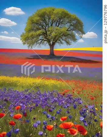Colorful flower field with lavender, poppies, and a big tree at sunset. 129776796