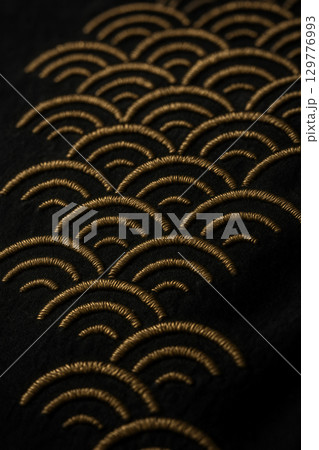 Gold Seigaiha Embroidery Pattern On Black Fabric 129776993