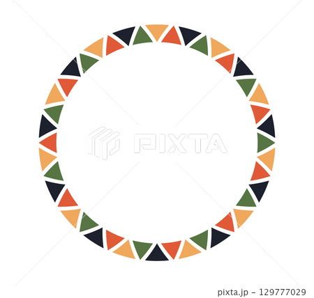 African pattern circle frame. Mexican ethnic motif border. Triangular islamic ornament round frame. Sun stamp emblem. African ethnic culture ornament Vector illustration isolated on white background 129777029