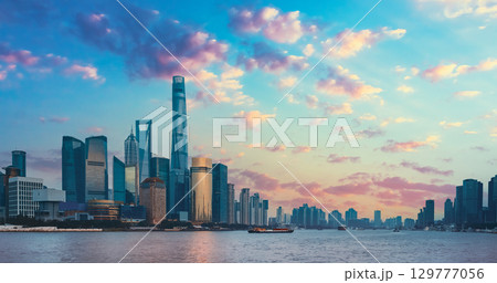 Stunning Skyline View of Shanghai's Modern Architecture at Dusk and Dawn. Shanghai, China 129777056
