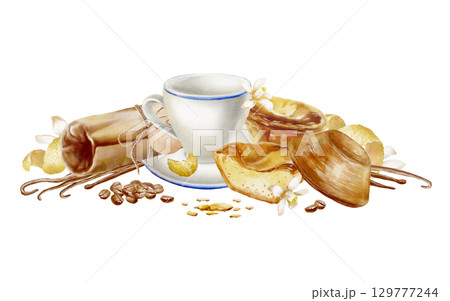 Portuguese breakfast of natural coffee with the traditional Pastel de Nata dessert,featuring lemon zest,vanilla,lemon blossoms and craft paper packaging for the pastries.Watercolor illustration 129777244