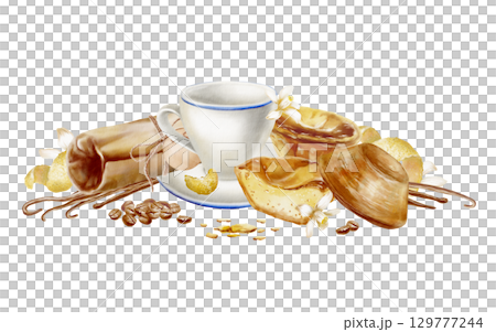 Portuguese breakfast of natural coffee with the traditional Pastel de Nata dessert,featuring lemon zest,vanilla,lemon blossoms and craft paper packaging for the pastries.Watercolor illustration 129777244