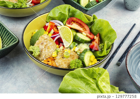 Healthy food concept with fried fish cutlets. Healthy food concept with fried fish cutlets. 129777258