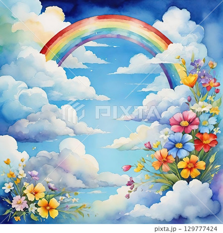 A stunning digital painting of a rainbow arcing across a sky filled with fluffy clouds and a foreground of vibrant wildflowers. 129777424