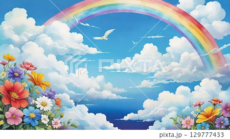 A stunning digital painting of a rainbow arcing across a sky filled with fluffy clouds and a foreground of vibrant wildflowers. 129777433