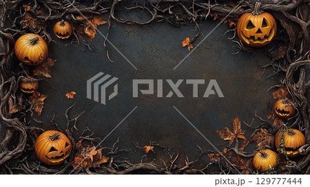 A Halloween-inspired frame of withered vines, dark branches, and pumpkins with eerie grins . A Halloween-inspired frame of withered vines, dark branches, and pumpkins with eerie grins . 129777444