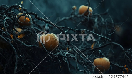 A Halloween-inspired frame of withered vines, dark branches, and pumpkins with eerie grins . A Halloween-inspired frame of withered vines, dark branches, and pumpkins with eerie grins . 129777445