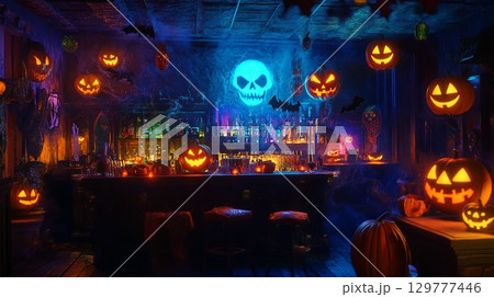 A Halloween-themed bar with spooky drinks and eerie lighting . A Halloween-themed bar with spooky drinks and eerie lighting . 129777446
