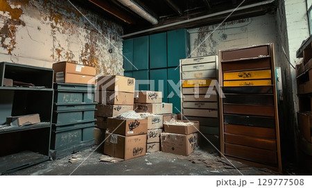 A community center storage room with mildew-covered boxes . A community center storage room with mildew-covered boxes . 129777508