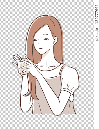 一位微笑的女人喝咖啡的插圖素材 一位微笑的女人喝咖啡的插圖素材 129777663