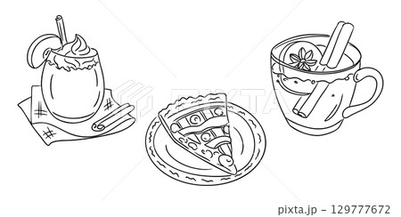 Hand drawn vector illustration of cozy autumn food set with slice of pie, hot drink with cinnamon and whipped cream dessert 129777672