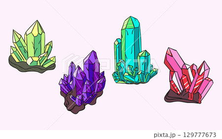 Hand drawn vector illustration of colorful crystal clusters in green, purple, blue and red shades with sharp geometric facets 129777673