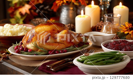 A beautifully roasted turkey is served with cranberries, mashed potatoes, green beans and gravy on a festive table with candles 129777680