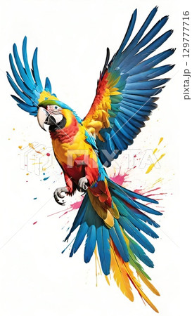 Colorful macaw soars in a digital art explosion of color.  129777716