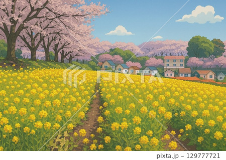 桜と菜の花が咲く春の田園風景 / Rural Spring Landscape with Cherr 桜と菜の花が咲く春の田園風景 / Rural Spring Landscape with Cherr 129777721