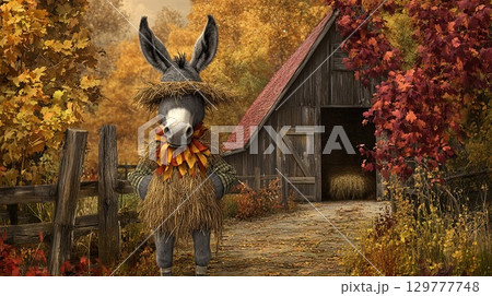 A donkey dressed as a scarecrow, standing in front of a spooky barn with fall foliage . 129777748