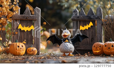 A duck dressed as a bat, waddling past a Halloween-themed wooden gate with pumpkins . 129777750