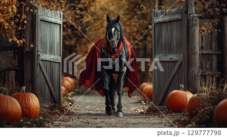 A horse dressed as Dracula, walking past a rustic wooden gate with pumpkins on either side . 129777798