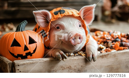 A pig in a pumpkin costume, resting near a wooden crate filled with Halloween treats . A pig in a pumpkin costume, resting near a wooden crate filled with Halloween treats . 129777816