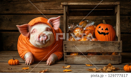 A pig in a pumpkin costume, resting near a wooden crate filled with Halloween treats . 129777817
