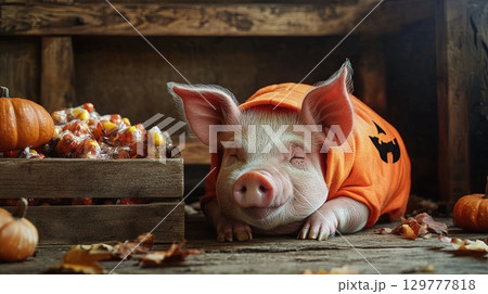 A pig in a pumpkin costume, resting near a wooden crate filled with Halloween treats . 129777818