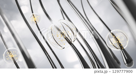 3d hair follicles and clear gel serum drops with gold oil bubbles. Liquid circle droplets of shampoo, honey mask, keratin, biotin vitamin. Cosmetic care background, beauty product ad. 3D illustration 3d hair follicles and clear gel serum drops with gold oil bubbles. Liquid circle droplets of shampoo, honey mask, keratin, biotin vitamin. Cosmetic care background, beauty product ad. 3D illustration 129777900