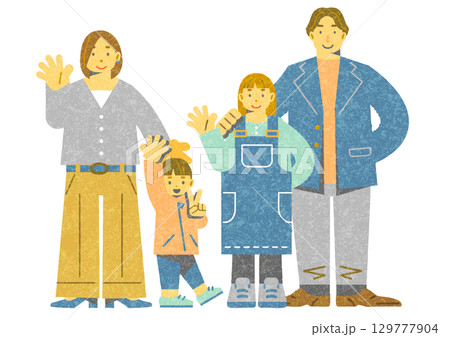 笑顔のミドル世代の四人家族　カラフルでお洒落な手描き風フラットイラスト 129777904