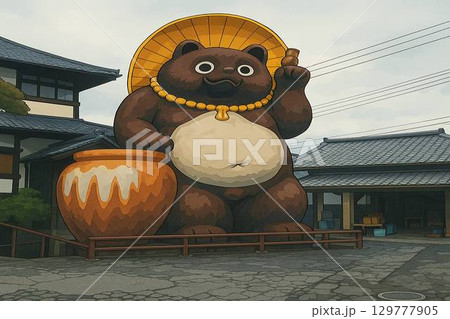 信楽焼の巨大たぬき像と和風建築 / Giant Shigaraki Tanuki Statue an 信楽焼の巨大たぬき像と和風建築 / Giant Shigaraki Tanuki Statue an 129777905