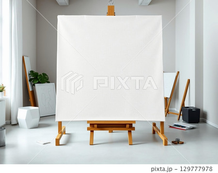 Blank Canvas on Easel in Bright Studio Space 129777978