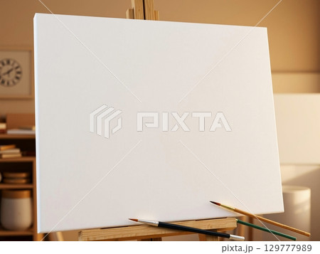 Blank Canvas Awaits Artistic Expression on Easel 129777989