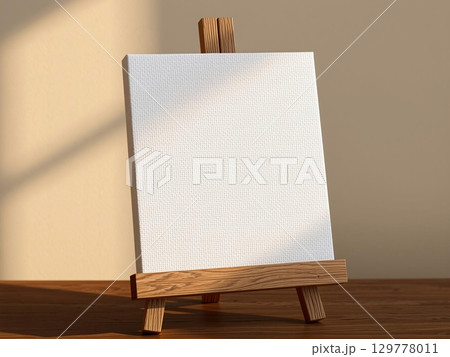 Blank Canvas on Wooden Easel, Warm Lighting 129778011