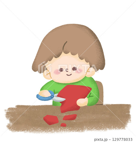 赤い画用紙をはさみで上手に切って制作をしている子どものイラスト 赤い画用紙をはさみで上手に切って制作をしている子どものイラスト 129778033