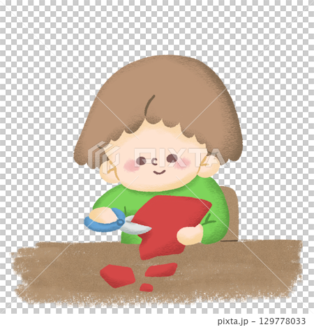 赤い画用紙をはさみで上手に切って制作をしている子どものイラスト 赤い画用紙をはさみで上手に切って制作をしている子どものイラスト 129778033